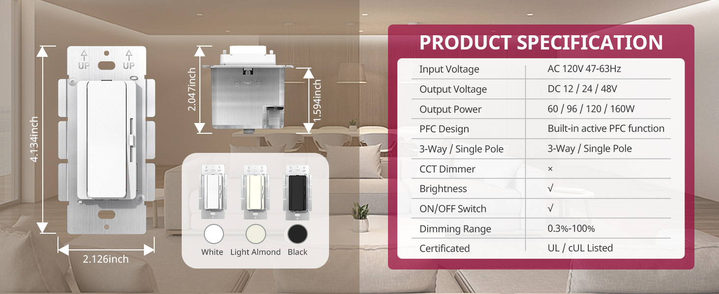 Suretron product specification. ورقة مواصفات منتج مفصلة لمحرك وخافت الإضاءة 2 في 1 لـ Suretron، تسرد جميع التفاصيل الفنية.