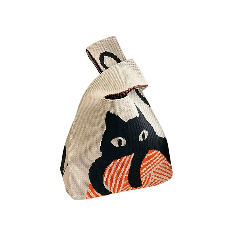 Cat-Painted-Knit-Chic-Mini-Wristlet-Reusable-bag2 Bolso-reutilizable-mini-pulsera-elegante-de-punto-pintado-de-gato2