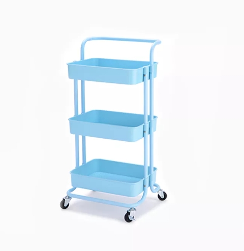 Blue three - tier rolling cart. Синяя трехъярусная тележка на колесиках.