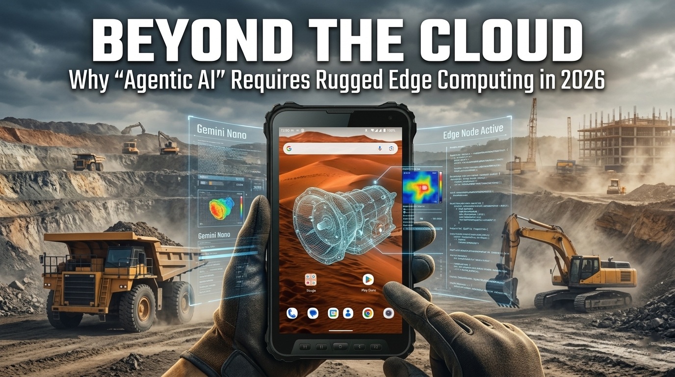 Aozora K8 Active industrial rugged tablet running edge AI in a construction site Máy tính bảng bền chắc công nghiệp Aozora K8 Active chạy AI tiên tiến tại một công trường xây dựng