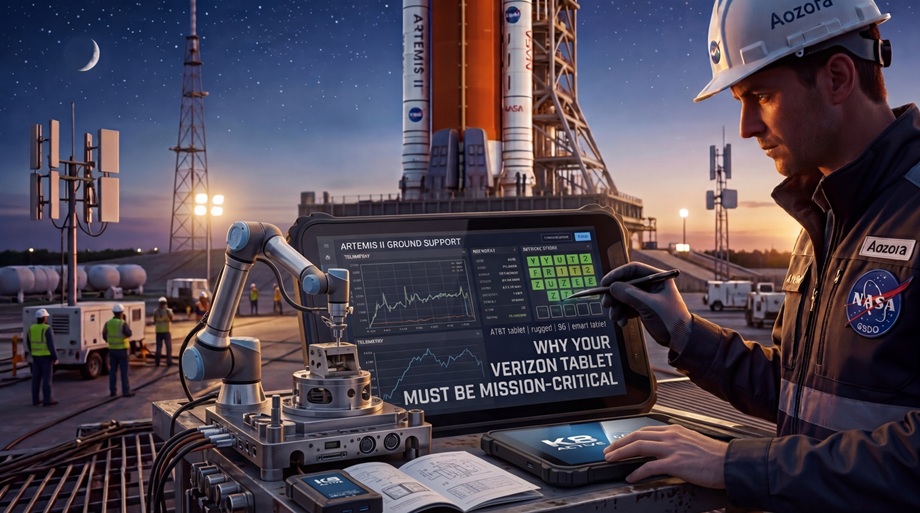 Professional using a Verizon tablet for aerospace ground support data. Profesional que utiliza una tableta de Verizon para obtener datos de apoyo terrestre aeroespacial.