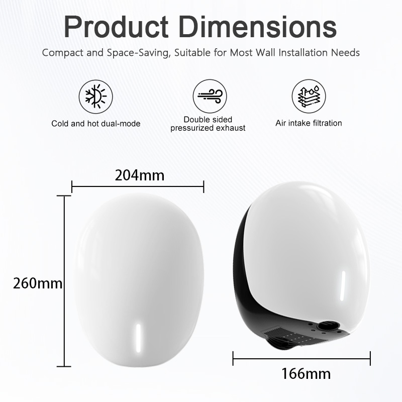 SF-5050 compact hand dryer dimensions for wall installation أبعاد مجفف الأيدي المدمج المثبت على الحائط SF-5050 204 مم 260 مم 166 مم