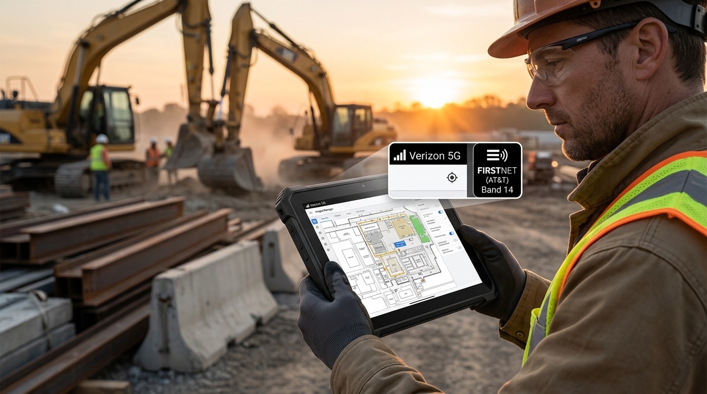 Field engineer using an industrial AT&T tablet for FirstNet logistics ວິສະວະກອນພາກສະຫນາມທີ່ໃຊ້ແທັບເລັດ AT&T ອຸດສາຫະກໍາສໍາລັບ FirstNet logistics
