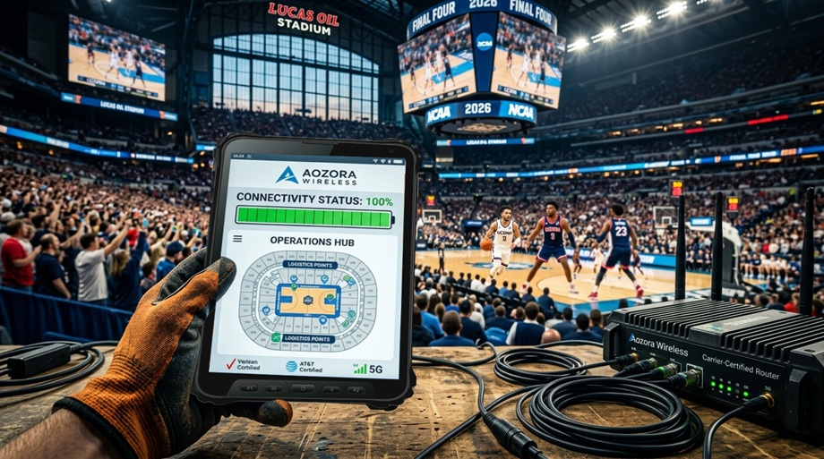 Industrial 5G router providing private network at Lucas Oil Stadium Industrieller 5G-Router, der ein privates Netzwerk im Lucas Oil Stadium bereitstellt
