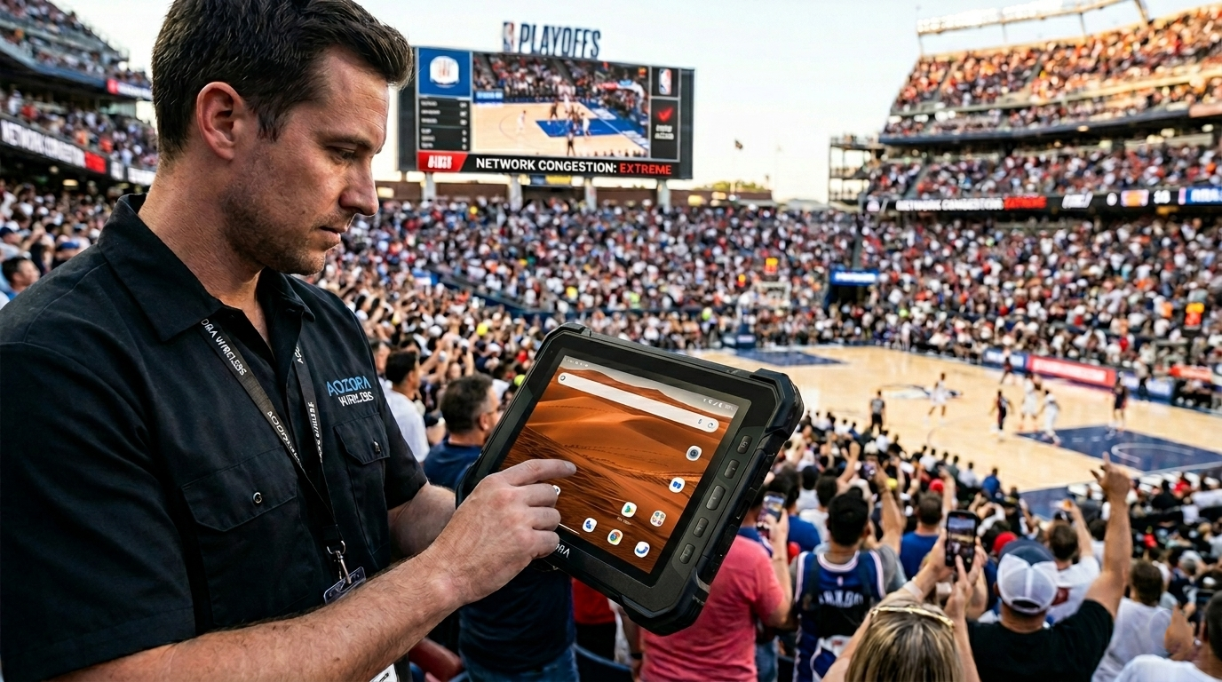 Industrial Verizon tablet being used at a crowded stadium event Tablette industrielle Verizon utilisée lors d'un événement dans un stade bondé