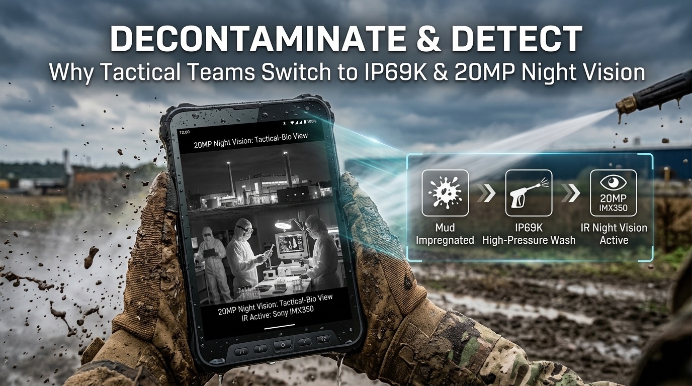 Industrial rugged tablet undergoing high-pressure chemical sanitization. Robustes Industrietablett, das einer chemischen Hochdruckdesinfektion unterzogen wird.