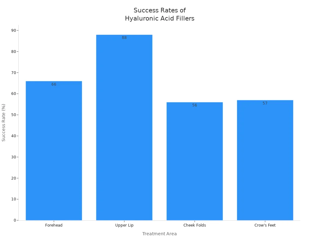 Bar chart showing success rates of hyaluronic acid fillers for wrinkle reduction in different facial areas 条形图显示透明质酸填充剂在不同面部区域减少皱纹的成功率