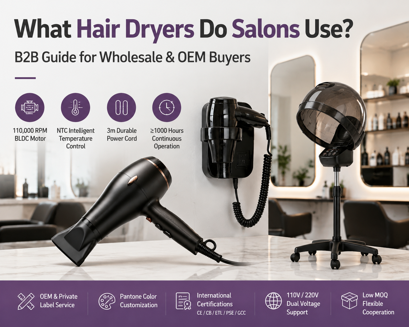 Professional Salon Hair Dryer Guide for Wholesale and OEM Buyers Soluzioni professionali per asciugacapelli da salone per parrucchieri, inclusi asciugacapelli portatili, a parete e su supporto per acquirenti all'ingrosso e OEM