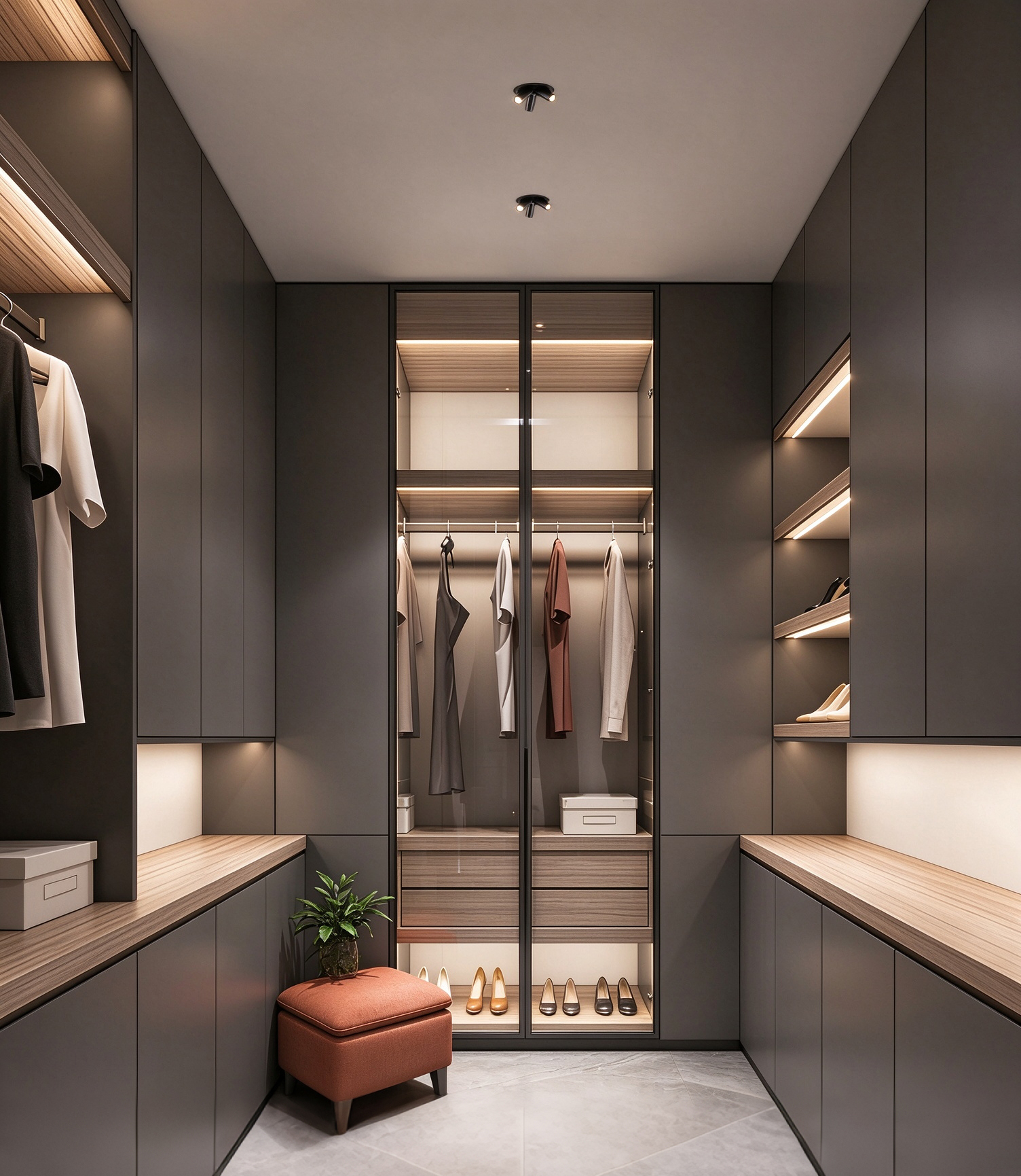Multi head adjustable recessed led spotlight installed in walk-in closet, villa interior accent lighting مصباح كشاف LED غائر قابل للتعديل متعدد الرؤوس مثبت في خزانة ملابس كبيرة وإضاءة داخلية للفيلا