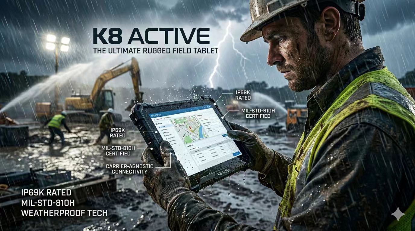 Industrial Verizon tablet K8 Ultra being used in heavy rain on a construction site Industriële Verizon-tablet K8 Ultra die wordt gebruikt bij hevige regen op een bouwplaats