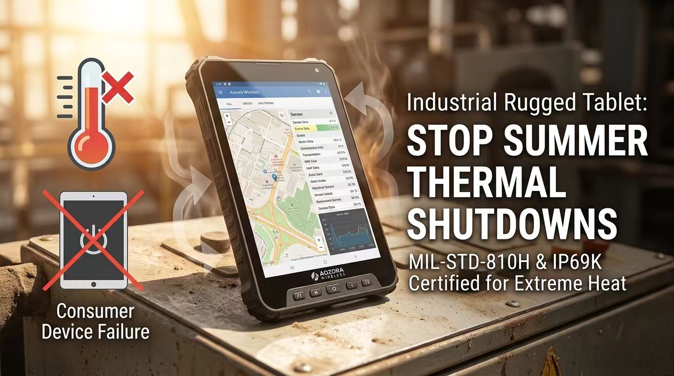 Technicians using an android rugged tablet for oil field inspection in extreme heat. Technici používající odolný tablet s Androidem pro inspekci ropného pole v extrémním horku.