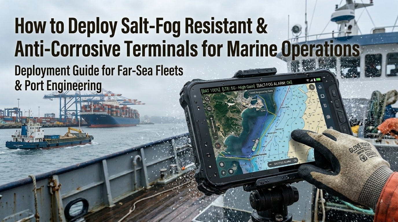 Marine grade rugged tablet mounted on a commercial fishing vessel bridge during heavy salt spray. Odolná tableta námořní kvality namontovaná na most komerčního rybářského plavidla během silné solné mlhy.