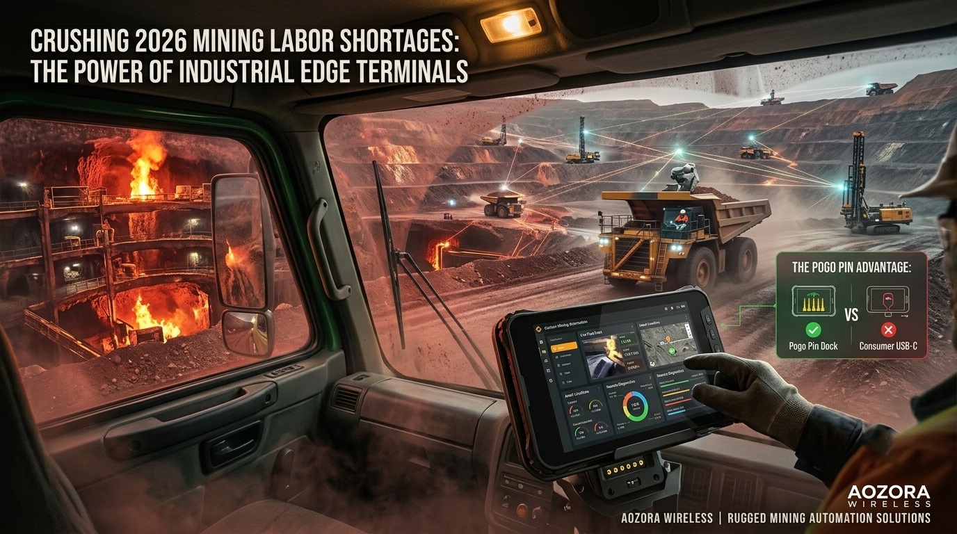 Aozora rugged tablet for mining mounted via Pogo Pin inside a haul truck cockpit in Western Australia. Wytrzymały tablet Aozora do zastosowań górniczych montowany za pomocą Pogo Pin w kokpicie ciężarówki w Australii Zachodniej.
