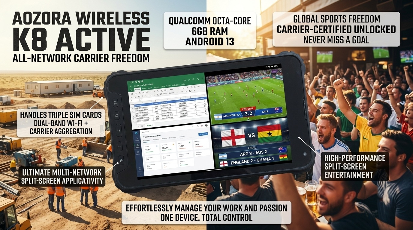 Aozora rugged android tablet displaying a split-screen view of field data entry alongside a live sports stream under harsh sunlight. يعرض جهاز Aozora اللوحي المتين الذي يعمل بنظام Android عرضًا منقسمًا على الشاشة لإدخال البيانات الميدانية جنبًا إلى جنب مع البث الرياضي المباشر تحت أشعة الشمس القاسية.