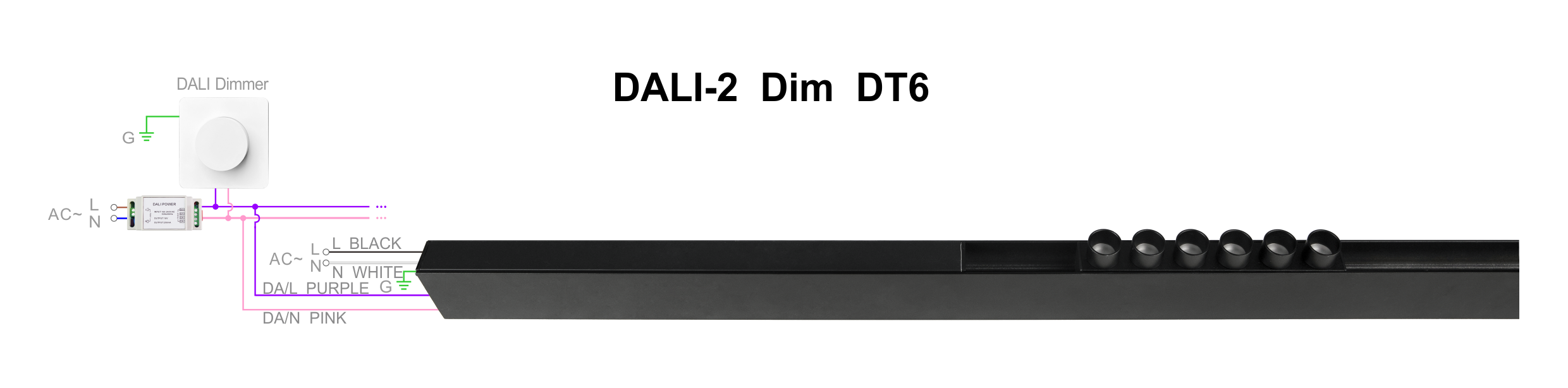 Suretron DALI-2 Dim DT6 Connecting Diagram Schemat podłączenia magnetycznego sterownika LED do wbudowania Suretron DALI-2 Dim DT6.