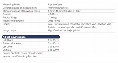 specifications of corneal topography machine