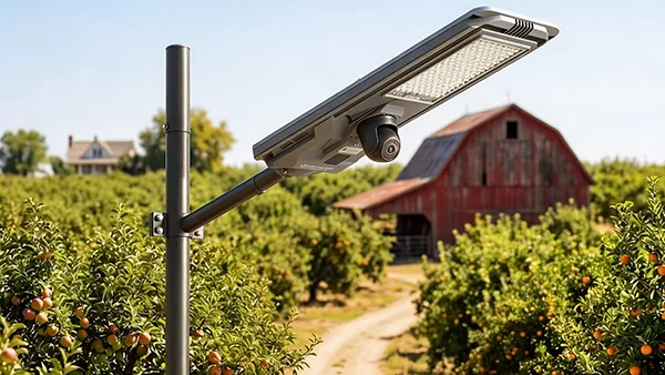 All-in-one solar-powered street light na may pinagsamang security camera na naka-install sa isang farm roadside, na nag-aalok ng ilaw at pagsubaybay sa kaligtasan para sa mga rural na lugar.