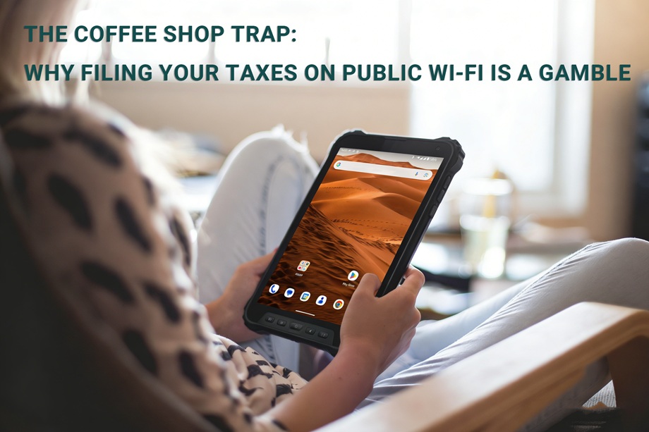 Tablette robuste certifi&eacute;e AT&T et Verizon affichant un logiciel financier crypt&eacute;.