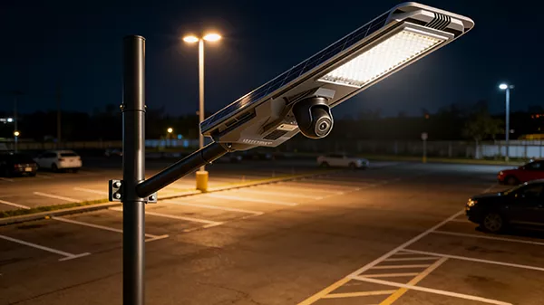 All-in-one solar-powered street light na may pinagsamang security camera na naka-install sa isang commercial parking lot, na nagbibigay ng security lighting at surveillance
