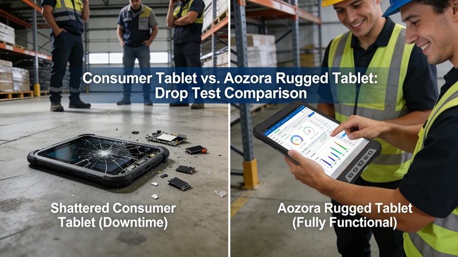 Comparaci&oacute;n de pantalla dividida: una tableta de consumo rota que causa tiempo de inactividad versus una tableta resistente de Aozora que funciona perfectamente despu&eacute;s de una ca&iacute;da en el piso de un almac&eacute;n.