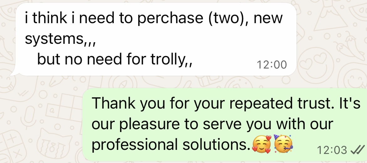 Pesen WhatsApp mastikeun ngagaleuh ulang dua Sistem Sedasi Dental ti klinik dental Irak