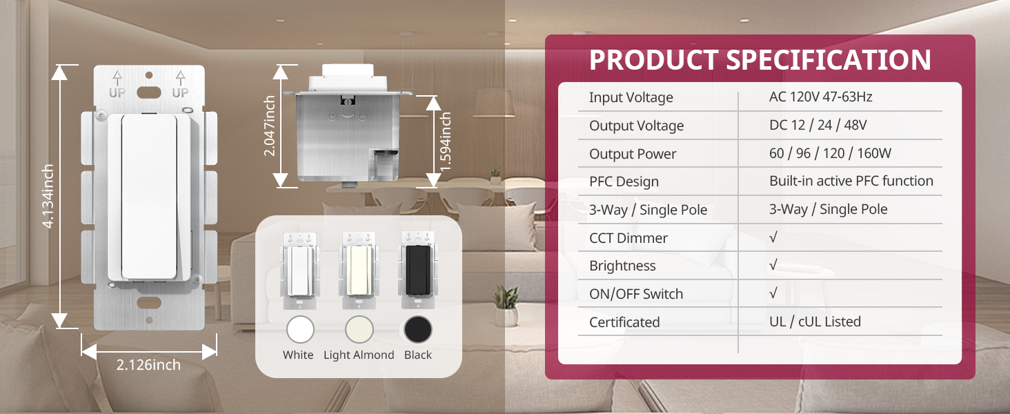 SURETRON Driver+Switch 2 i 1 specifikationer inklusive effekt og certificeringer.