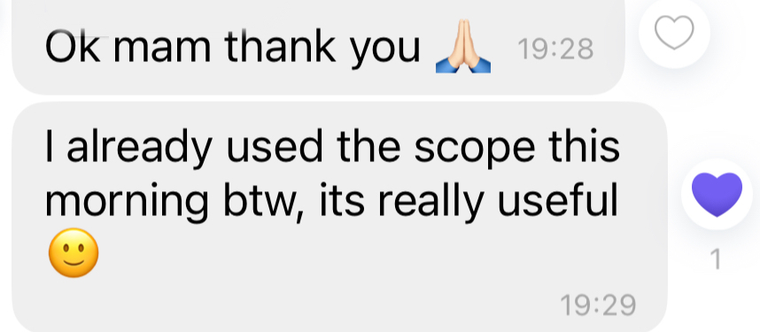 Screenshot ng isang mensahe sa chat ng testimonial ng kliyente na nagpapakita ng totoong feedback ng user.