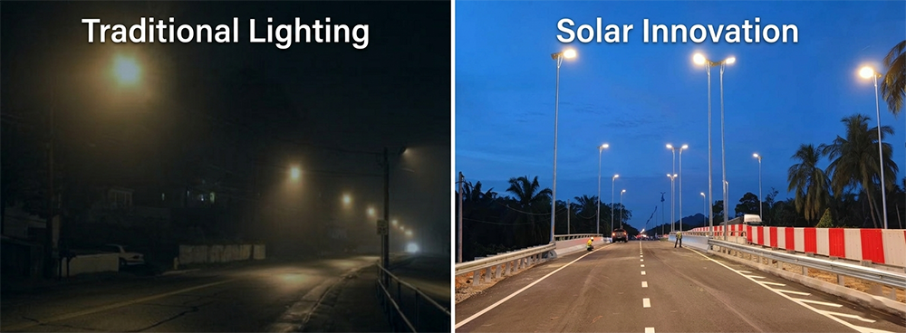 การเปรียบเทียบระหว่างไฟถนนแบบเดิมกับนวัตกรรมพลังงานแสงอาทิตย์ E-Able Power แสดงให้เห็นความสว่างที่เหนือกว่าและครอบคลุมถนนในเวลากลางคืน
