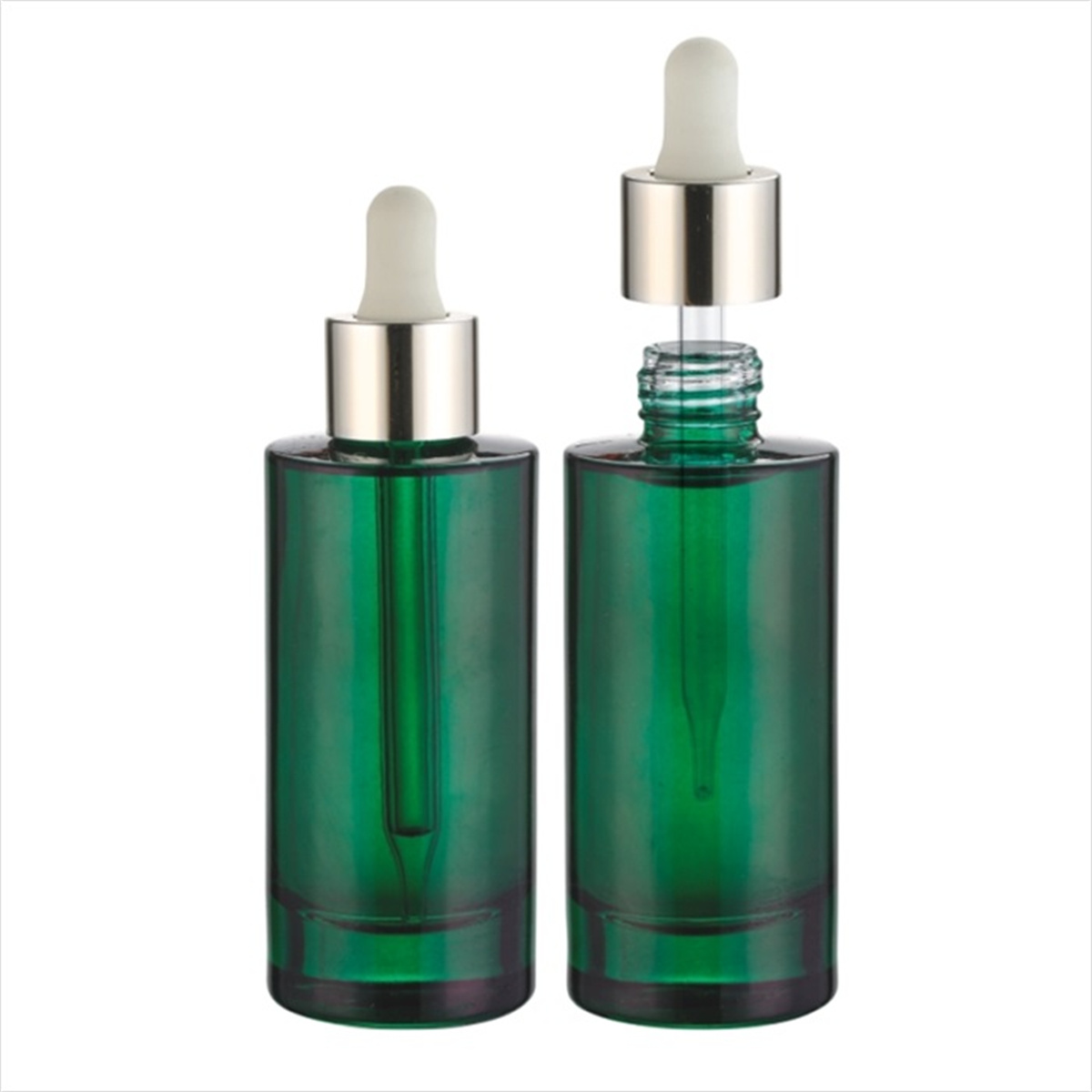50 ml opakowania kosmetyczne Zielone, proste, okrągłe szklane butelki z zakraplaczem z 20 mm galwanizowaną, złotą gumową pipetą (.jpg