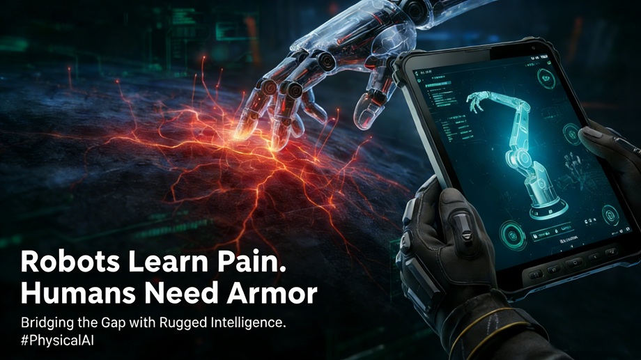 Un brazo rob&oacute;tico futurista con una red neuronal brillante con sensores de 'dolor' que interact&uacute;an con una persona que sostiene una tableta resistente Aozora en un entorno industrial oscuro, que simboliza la IA f&iacute;sica y la resiliencia del hardware.