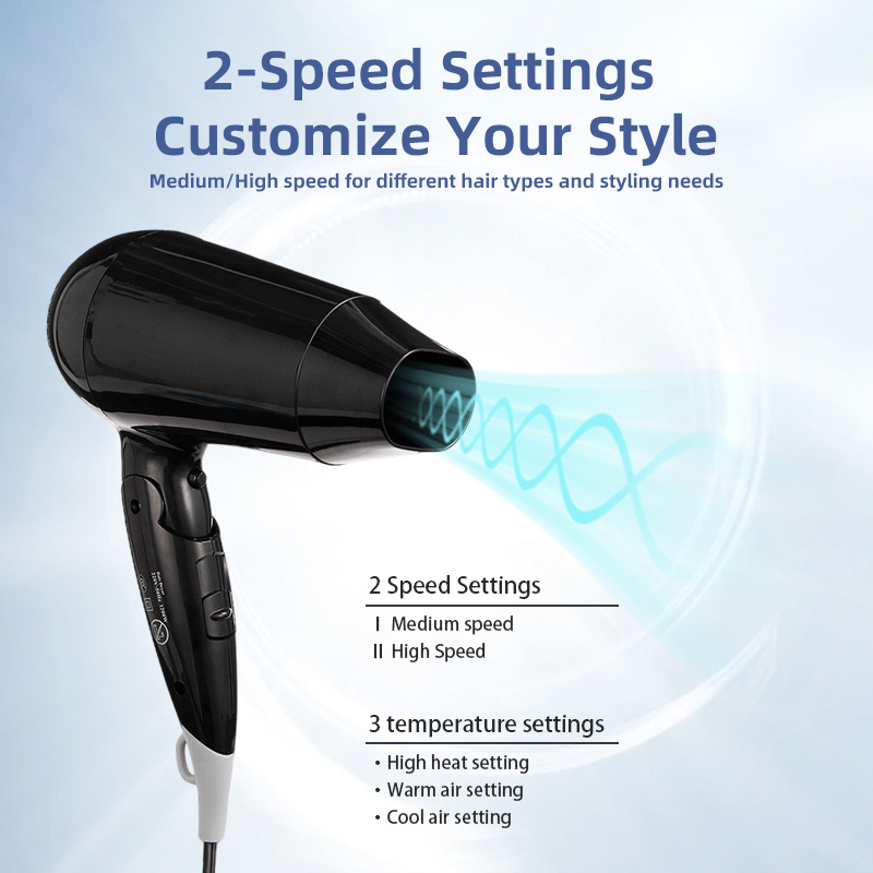 s&egrave;che-cheveux pliable avec 2 r&eacute;glages de vitesse et 3 r&eacute;glages de temp&eacute;rature