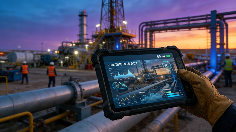 Technicien utilisant une tablette robuste Verizon sur un chantier de construction pluvieux