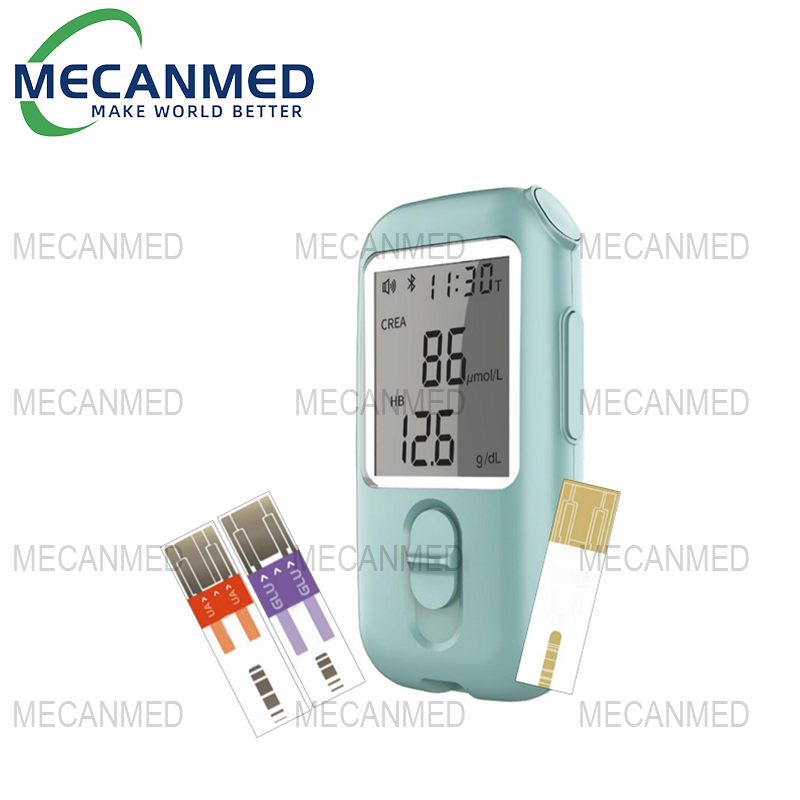 د MECANMED پورټ ایبل کریټینین میټر د 86 μmol/L کریټینین او 12.8 g/dL هیموګلوبین کچه د کور روغتیا څارنې لپاره د ازموینې سټریپونو سره ښیې.