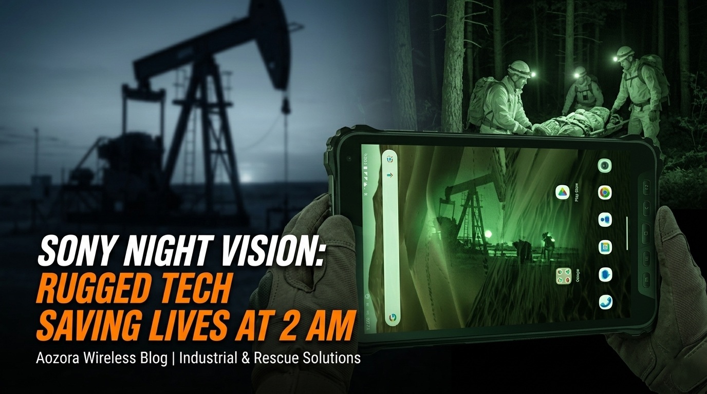 Squadra di ricerca e soccorso con un tablet robusto Verizon nel bosco