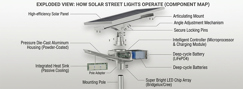 มุมมองแบบกระจายของไฟถนนพลังงานแสงอาทิตย์ E-Able Power แสดงแผงโซลาร์เซลล์ประสิทธิภาพสูง แบตเตอรี่ LiFePO4 ตัวควบคุม MPPT และอาร์เรย์ชิป LED Bridgelux Cree