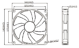 140x25mm DC-ventilatortekening