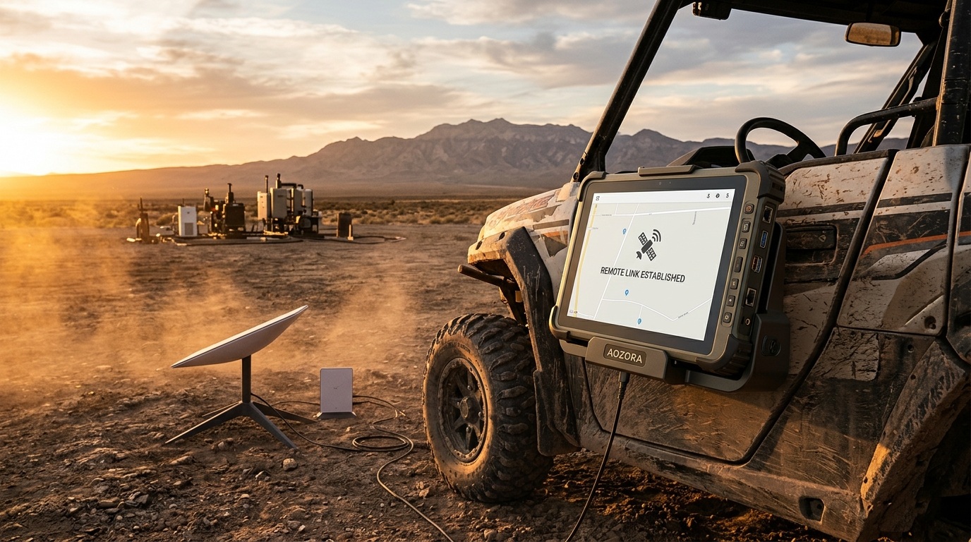 Tablet robusto Aozora K8 Active montado em um ve&iacute;culo off-road pr&oacute;ximo a uma antena Starlink