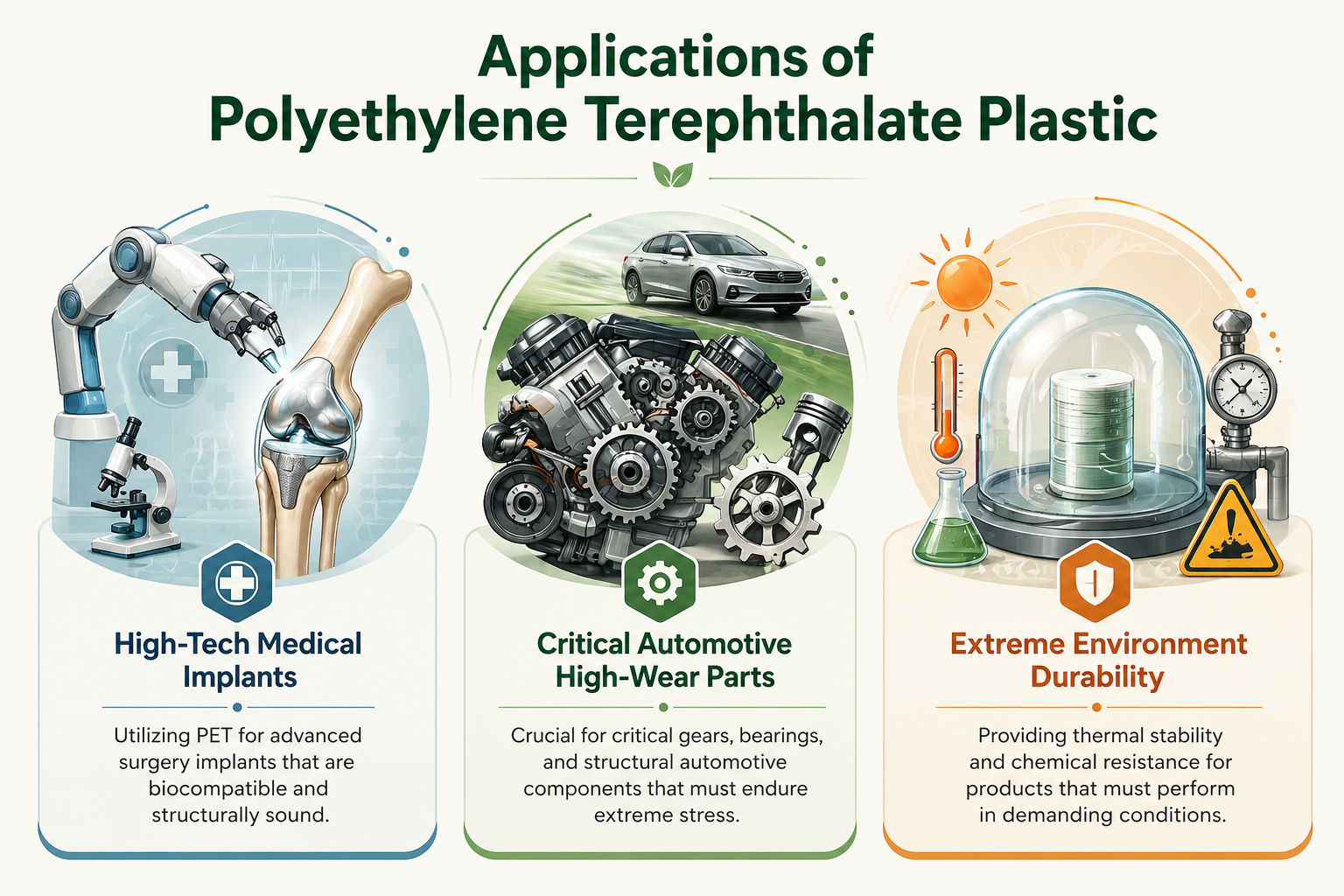Infogr&aacute;fico ilustrando aplica&ccedil;&otilde;es avan&ccedil;adas de pl&aacute;stico tereftalato de polietileno (PET), incluindo implantes m&eacute;dicos de alta tecnologia, pe&ccedil;as automotivas cr&iacute;ticas de alto desgaste e durabilidade em ambientes extremos.