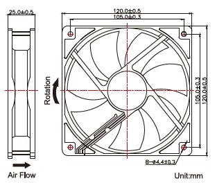 Dibujo de ventilador 120x25 ec.