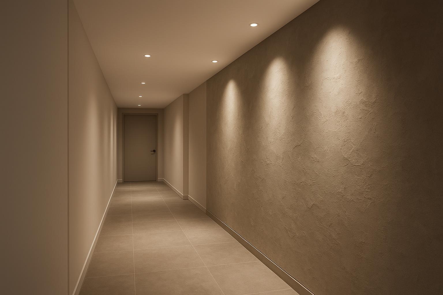 Hallway na cikin hoto na zahiri tare da hasken wuta da kuma wankin lafazi akan bangon fasalin