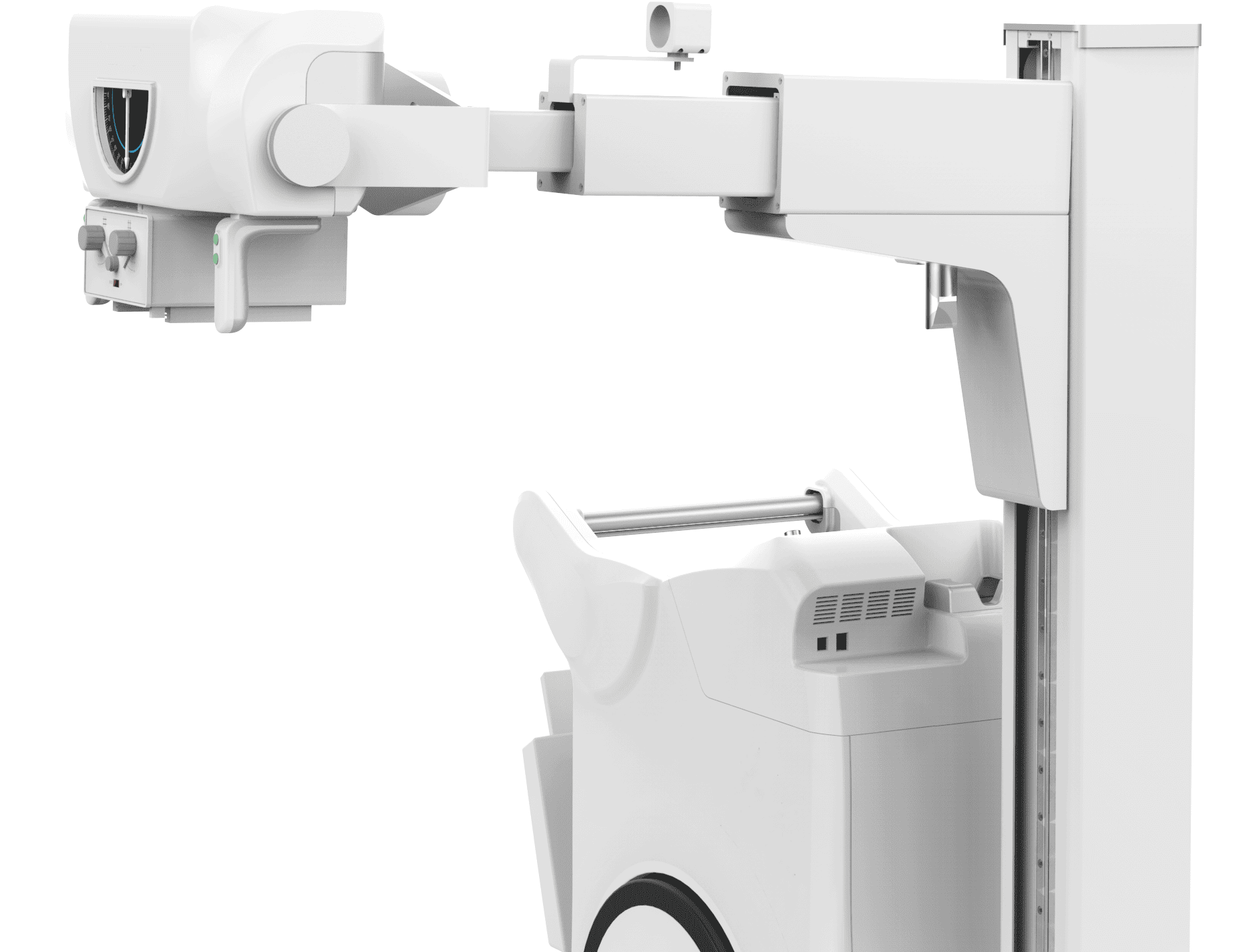 Prilagodljivo pozicioniranje cevi na mobilnem digitalnem rentgenskem sistemu MCI0007 za radiografijo ob postelji in na oddelku.