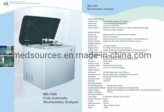 (MS-T400) Analyseur de laboratoire d'analyseur de biochimie entièrement automatique