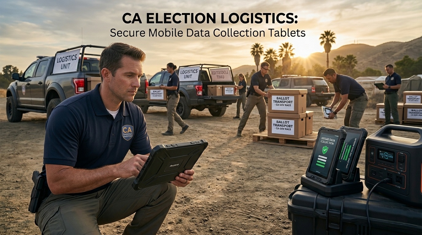 Tablette industrielle robuste Aozora K8 Active pour la logistique gouvernementale affichant un journal de transport des bulletins de vote crypt&eacute; dans un hub r&eacute;gional.