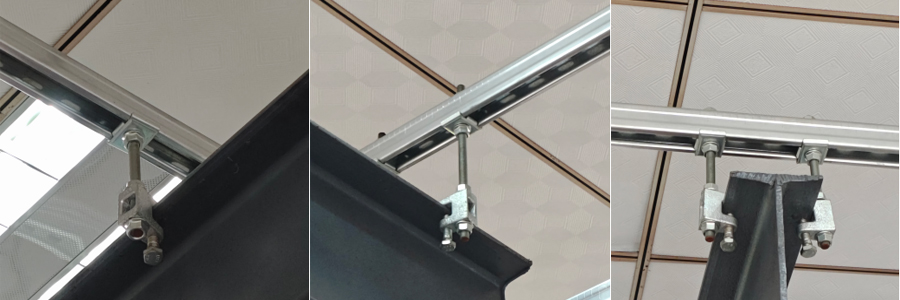 صور تركيب متعددة الزوايا في الموقع لمشبك I-beam المجلفن الذي يربط قضيب ملولب وقناة تبختر لدعم الأنابيب العلوية