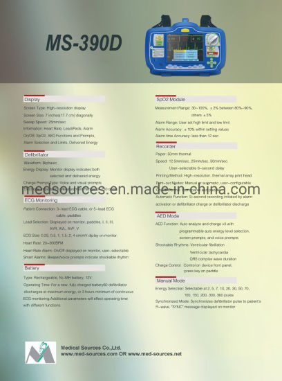 (MS-390D) Portable First Aid Emergency Aed Cardiac Biphasic Automatic External Defibrillator