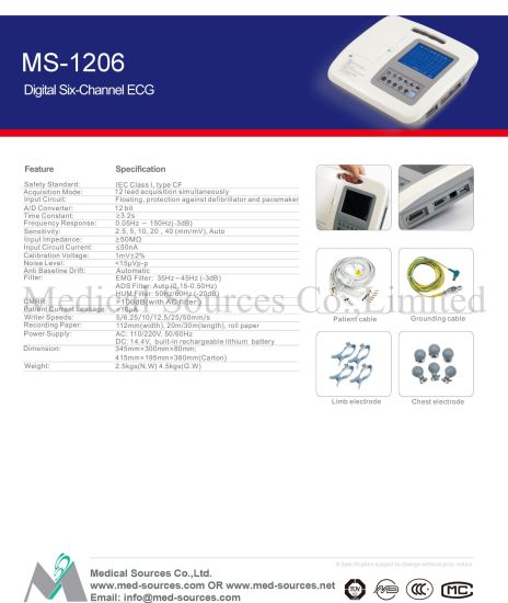 (MS-1206) Électrocardiographe numérique portable 6 canaux ECG ECG