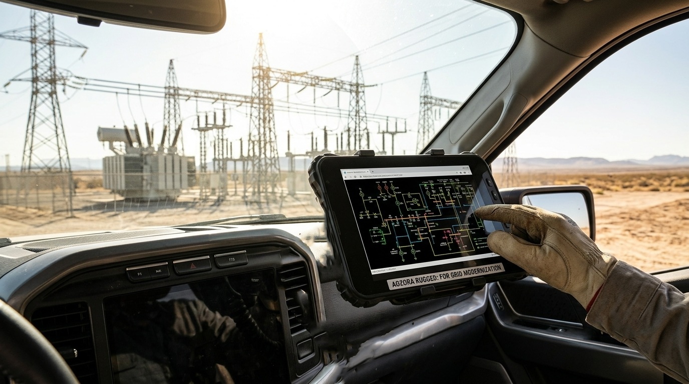 Tablet industrial robusto Aozora montado em um caminh&atilde;o utilit&aacute;rio para inspe&ccedil;&atilde;o da rede el&eacute;trica do Texas.