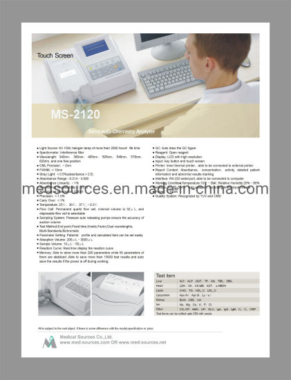 Analyseur clinique semi-automatique Chimie Biochimie Analyzer (MS-2120)