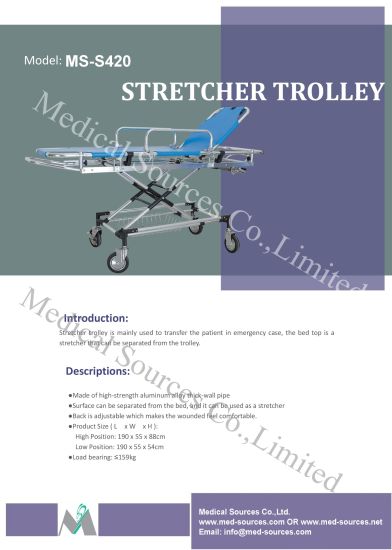(MS-S420) Camilla hidráulica de transporte de acero inoxidable para ambulancia médica