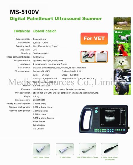 (MS-5100V) Escáner de ultrasonido Palmsmart digital para computadora portátil portátil para Vererinary